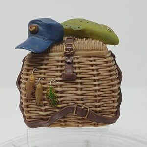 Vintage 90s‎ Dezine Trinket Box Fishing Basket Lidded Lake House Hand Painted